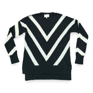 Belle France 2-Ply Cashmere 100% Pullover Long Sweater Black White V-Stripe Sz L